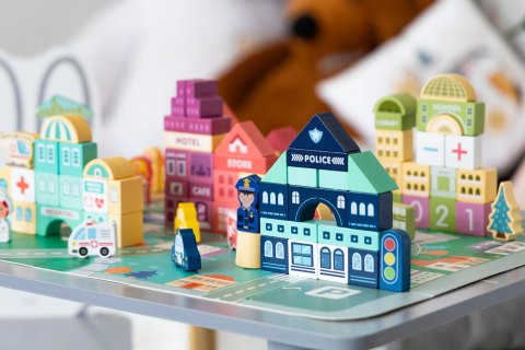 Drewniane klocki edukacyjne miasto zestaw mata 121 szt Drewniane klocki edukacyjne miasto zestaw mata 121 szt