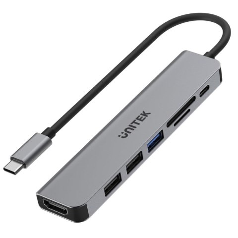 Hub USB-C Unitek H1118A 7w1, HDMI 4K, 3x USB-A, USB-C PD 100W, alu Hub USB-C Unitek H1118A 7w1, HDMI 4K, 3x USB-A, USB-C PD 100W, alu