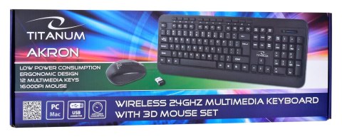 Zestaw klawiatura + mysz TITANUM AKRON TK109 (USB 2.0; kolor czarny; optyczna; 1600 DPI) Zestaw klawiatura + mysz TITANUM AKRON TK109 (USB 2.0; kolor czarny; optyczna; 1600 DPI)