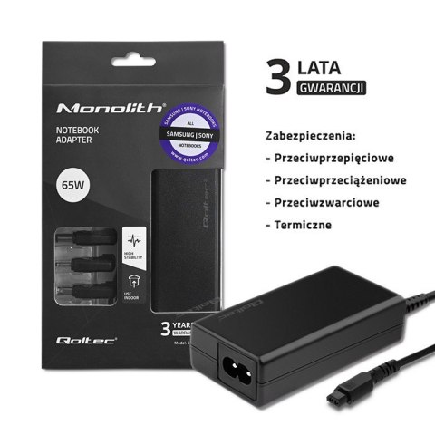 Qoltec Zasilacz specjalizowany do Samsung | Sony 65W | 3 wtyczki | +kabel zasilający Qoltec Zasilacz specjalizowany do Samsung | Sony 65W | 3 wtyczki | +kabel zasilający
