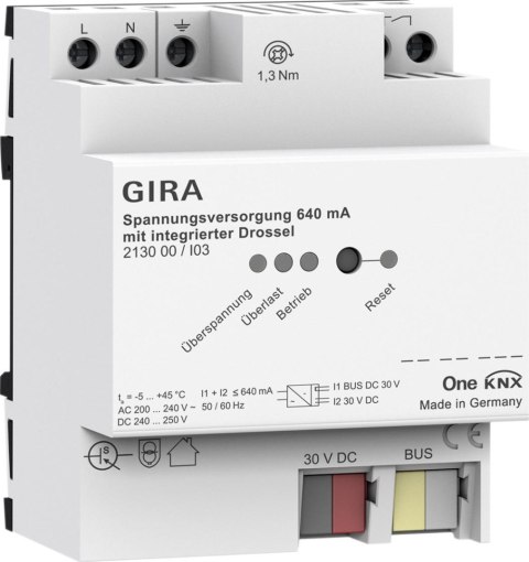 GIRA Zasilacz 640 mA ze zintegrowanym dławikiem do Gira One i KNX 2130 00 GIRA Zasilacz 640 mA ze zintegrowanym dławikiem do Gira One i KNX 2130 00