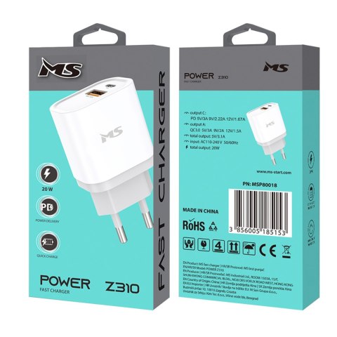ŁADOWARKA MS POWER Z310 20W PD QC 3.0 C+USB BIAŁA ŁADOWARKA MS POWER Z310 20W PD QC 3.0 C+USB BIAŁA