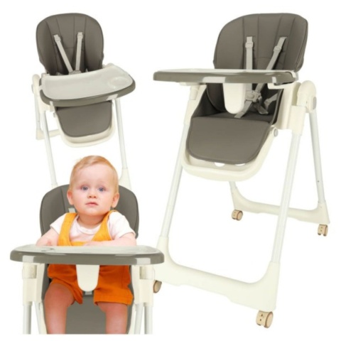 Krzesełko do karmienia na kółkach z podstawką składane szare