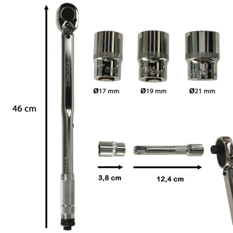 Klucz dynamometryczny 460mm 1/2'' + 3 nasadki 17-21mm 40-210Nm blokada + walizka etui Klucz dynamometryczny 460mm 1/2'' + 3 nasadki 17-21mm 40-210Nm blokada + walizka etui