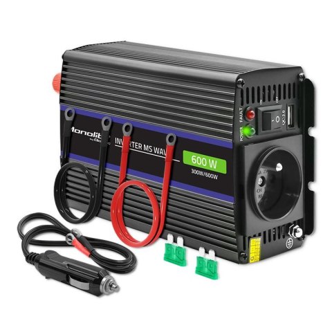 Przetwornica napięcia Qoltec Monolith 600 MS Wave | 12V na 230V | 300/600W | USB Przetwornica napięcia Qoltec Monolith 600 MS Wave | 12V na 230V | 300/600W | USB