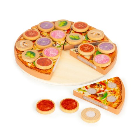 Drewniana pizza do krojenia na rzepy dla dzieci 27 elementów Drewniana pizza do krojenia na rzepy dla dzieci 27 elementów