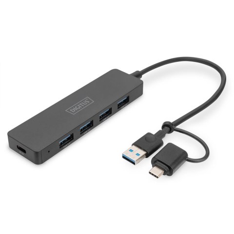 Hub USB 3.0/Koncentrator DIGITUS 4-portowy SlimLine USB A + adapter USB-C 0,2m 5Gbps złącze zasilania USB-C Hub USB 3.0/Koncentrator DIGITUS 4-portowy SlimLine USB A + adapter USB-C 0,2m 5Gbps złącze zasilania USB-C