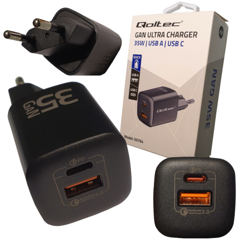 Ładowarka sieciowa Qoltec 35W GaN ULTRA | 5-20V | 2.25-3A | 1 x USB typ C PD | 1 x USB QC 3.0 | Czarna Ładowarka sieciowa Qoltec 35W GaN ULTRA | 5-20V | 2.25-3A | 1 x USB typ C PD | 1 x USB QC 3.0 | Czarna