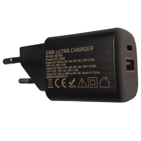Ładowarka sieciowa Qoltec 35W GaN ULTRA | 5-20V | 2.25-3A | 1 x USB typ C PD | 1 x USB QC 3.0 | Czarna Ładowarka sieciowa Qoltec 35W GaN ULTRA | 5-20V | 2.25-3A | 1 x USB typ C PD | 1 x USB QC 3.0 | Czarna