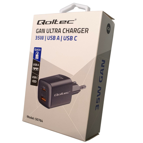 Ładowarka sieciowa Qoltec 35W GaN ULTRA | 5-20V | 2.25-3A | 1 x USB typ C PD | 1 x USB QC 3.0 | Czarna Ładowarka sieciowa Qoltec 35W GaN ULTRA | 5-20V | 2.25-3A | 1 x USB typ C PD | 1 x USB QC 3.0 | Czarna