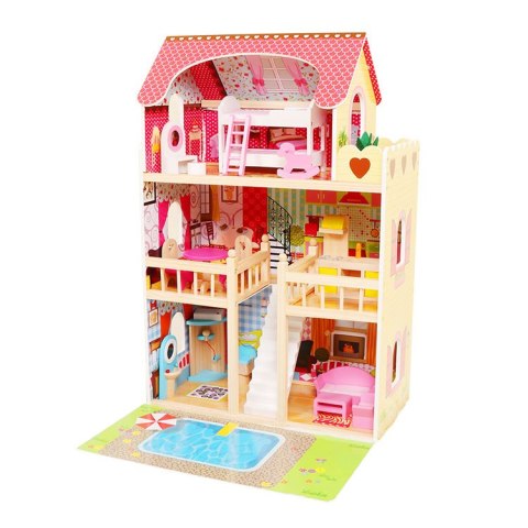 Drewniany domek dla lalek meble basen +oświetlenie ECOTOYS Drewniany domek dla lalek meble basen +oświetlenie ECOTOYS