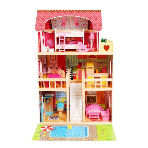 Drewniany domek dla lalek meble basen +oświetlenie ECOTOYS Drewniany domek dla lalek meble basen +oświetlenie ECOTOYS
