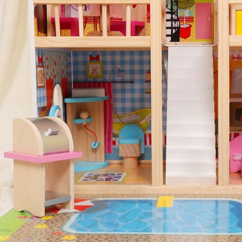 Drewniany domek dla lalek meble basen +oświetlenie ECOTOYS Drewniany domek dla lalek meble basen +oświetlenie ECOTOYS
