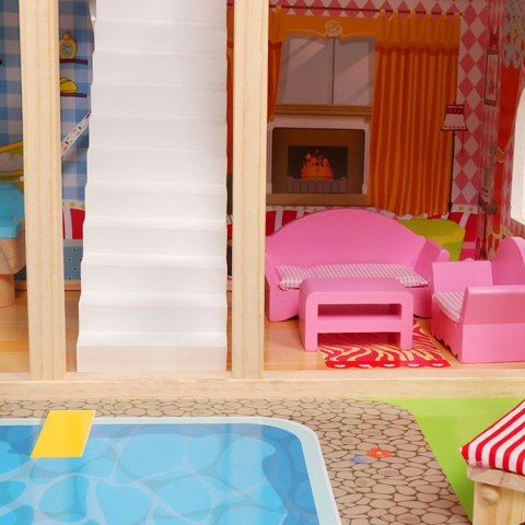 Drewniany domek dla lalek meble basen +oświetlenie ECOTOYS Drewniany domek dla lalek meble basen +oświetlenie ECOTOYS