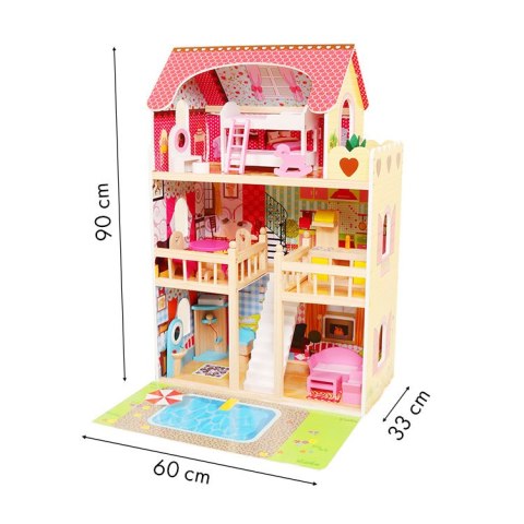 Drewniany domek dla lalek meble basen +oświetlenie ECOTOYS Drewniany domek dla lalek meble basen +oświetlenie ECOTOYS