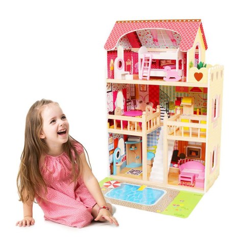 Drewniany domek dla lalek meble basen +oświetlenie ECOTOYS Drewniany domek dla lalek meble basen +oświetlenie ECOTOYS