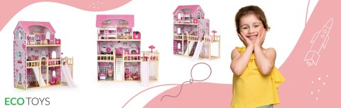 Domek dla lalek z tarasem i zjeżdżalnią 18 drewnianych mebelków ECOTOYS Domek dla lalek z tarasem i zjeżdżalnią 18 drewnianych mebelków ECOTOYS