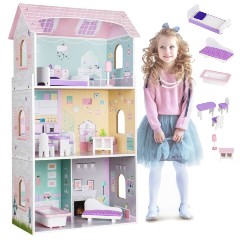 Drewniany domek dla lalek + mebelki wysoka rezydencja Jagodowa ECOTOYS Drewniany domek dla lalek + mebelki wysoka rezydencja Jagodowa ECOTOYS