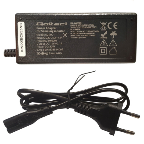 Qoltec Zasilacz sieciowy do monitora Samsung 30W | 14V | 2.1A | 6.5*4.4 | + kabel zasilający Qoltec Zasilacz sieciowy do monitora Samsung 30W | 14V | 2.1A | 6.5*4.4 | + kabel zasilający