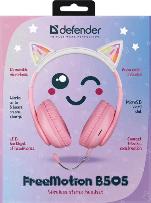 SŁUCHAWKI DEFENDER BLUETOOTH FREEMOTION B505 LED RÓŻOWE SŁUCHAWKI DEFENDER BLUETOOTH FREEMOTION B505 LED RÓŻOWE