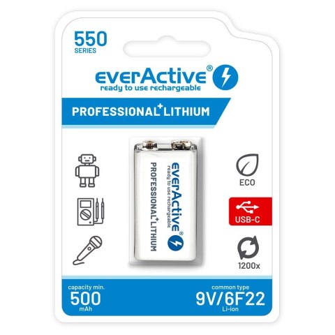 Akumulatorek everActive 6F22/9V Li-ion 550 mAh z USB TYP C Akumulatorek everActive 6F22/9V Li-ion 550 mAh z USB TYP C