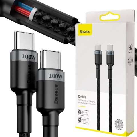 KABEL USB-C -> USB-C Baseus Cafule CATKLF-ALG1 200cm 100W 5A PD 2.0 QC 3.0 CZARNO-SZARY W OPLOCIE KABEL USB-C -> USB-C Baseus Cafule CATKLF-ALG1 200cm 100W 5A PD 2.0 QC 3.0 CZARNO-SZARY W OPLOCIE