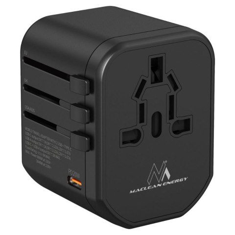 Adapter podróżny Maclean MCE238N zasilacz USB, 2xUSB 2,4A + USB-C PD 20W, Bezpiecznik 8A, Quick and Fast Charge, 200 krajów świa Adapter podróżny Maclean MCE238N zasilacz USB, 2xUSB 2,4A + USB-C PD 20W, Bezpiecznik 8A, Quick and Fast Charge, 200 krajów świa