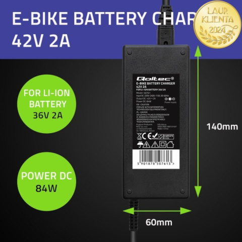 Ładowarka Qoltec do baterii roweru elektrycznego 36V | 42V | 2A | 5.5*2.5 Ładowarka Qoltec do baterii roweru elektrycznego 36V | 42V | 2A | 5.5*2.5