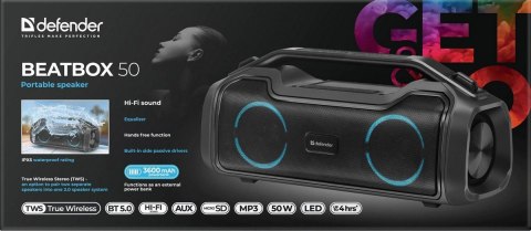 GŁOŚNIK DEFENDER BEATBOX 50 BLUETOOTH 50W BT/RGB/TF/TypeC/IPX5/PWB GŁOŚNIK DEFENDER BEATBOX 50 BLUETOOTH 50W BT/RGB/TF/TypeC/IPX5/PWB