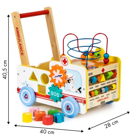 Drewniany pchacz edukacyjny 2w1 kostka + klocki - Karetka Drewniany pchacz edukacyjny 2w1 kostka + klocki - Karetka