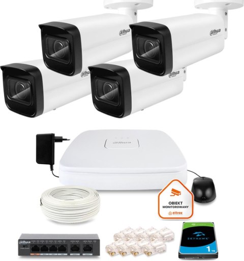 Zestaw monitoringu IP DAHUA 4 kamer tubowych 5Mpx Zestaw monitoringu IP DAHUA 4 kamer tubowych 5Mpx