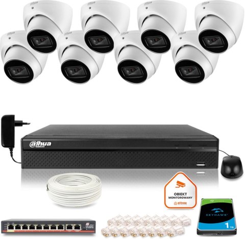 Zestaw monitoringu IP DAHUA 8 kamer kopułkowych 5Mpx Zestaw monitoringu IP DAHUA 8 kamer kopułkowych 5Mpx