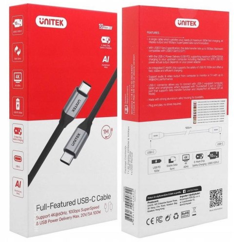 Przewód USB-C na USB-C 10Gbps 4K 60Hz 20V/5A Przewód USB-C na USB-C 10Gbps 4K 60Hz 20V/5A