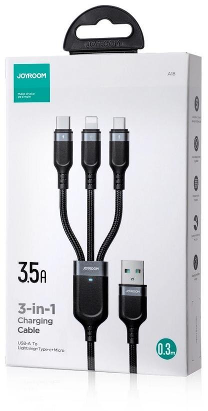 KABEL 3w1 USB-A / USB-C micro-USB Lightning Joyroom S-1T3018A18 30cm 3.5A W OPLOCIE CZARNY KABEL 3w1 USB-A / USB-C micro-USB Lightning Joyroom S-1T3018A18 30cm 3.5A W OPLOCIE CZARNY