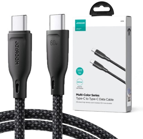 KABEL USB-C / USB-C Joyroom SA34-CC3 100cm 60W 5A PD W OPLOCIE CZARNY KABEL USB-C / USB-C Joyroom SA34-CC3 100cm 60W 5A PD W OPLOCIE CZARNY