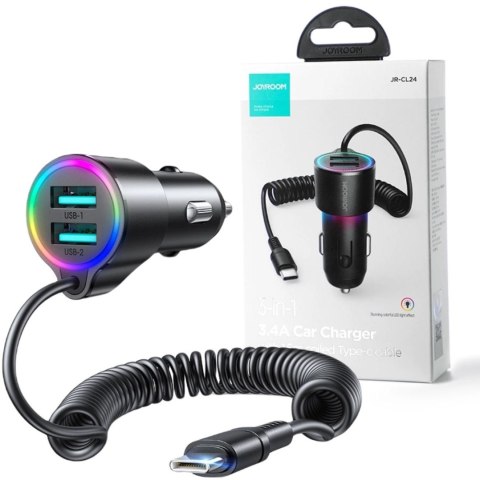 Ładowarka samochodowa 3w1 Joyroom JR-CL24 17W 3.0A PD 3.0 QC 3.0 2x USB-A z kablem USB-C 1.5M Ładowarka samochodowa 3w1 Joyroom JR-CL24 17W 3.0A PD 3.0 QC 3.0 2x USB-A z kablem USB-C 1.5M