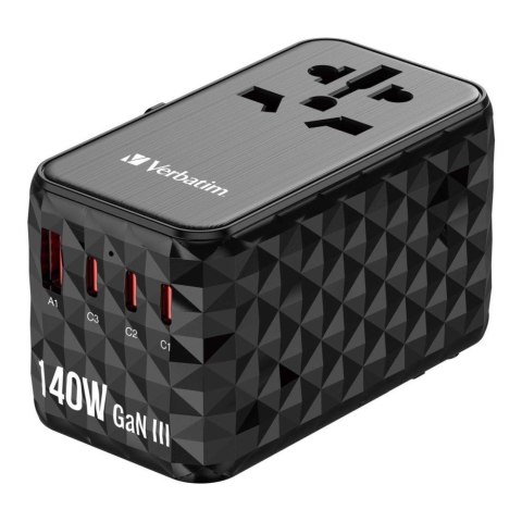 Adapter podróżny Verbatim UTA-10 GaN III globalny-globalny USB-A 3xUSB-C PD QC 4+ Adapter podróżny Verbatim UTA-10 GaN III globalny-globalny USB-A 3xUSB-C PD QC 4+