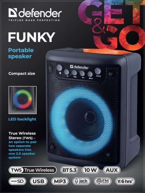 GŁOŚNIK DEFENDER FUNKY BLUETOOTH 10W BT5.3 AUX FM MP3 USB microSD GŁOŚNIK DEFENDER FUNKY BLUETOOTH 10W BT5.3 AUX FM MP3 USB microSD