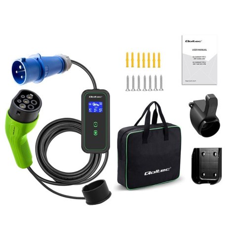 Qoltec Mobilna ładowarka do samochodu elektrycznego EV z regulacją 2w1 Typ2 | 7kW | 230V | CEE 5 PIN | Wi-fi| LCD | Przenośna |