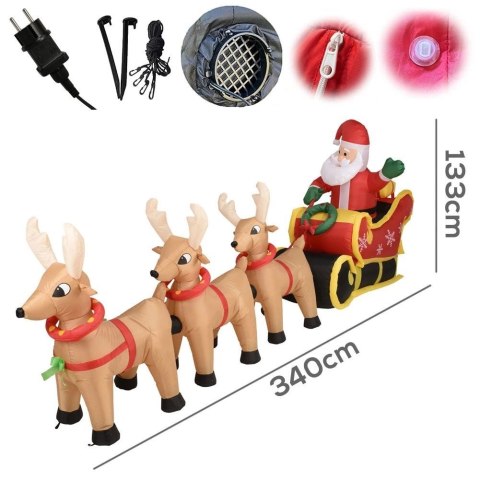 Figurka dmuchana zewnętrzna Mikołaj z reniferami z oświetleniem LED XXL 3,4 m Figurka dmuchana zewnętrzna Mikołaj z reniferami z oświetleniem LED XXL 3,4 m