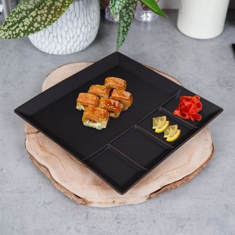Talerz obiadowy dzielony na przekąski porcelanowy czarny 25x25 cm Talerz obiadowy dzielony na przekąski porcelanowy czarny 25x25 cm